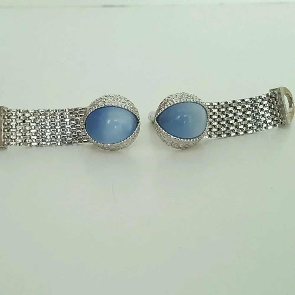 Cufflinks Vintage Swank Moonglow Cat's Eye Silvertone Metal Mesh Wrap**
